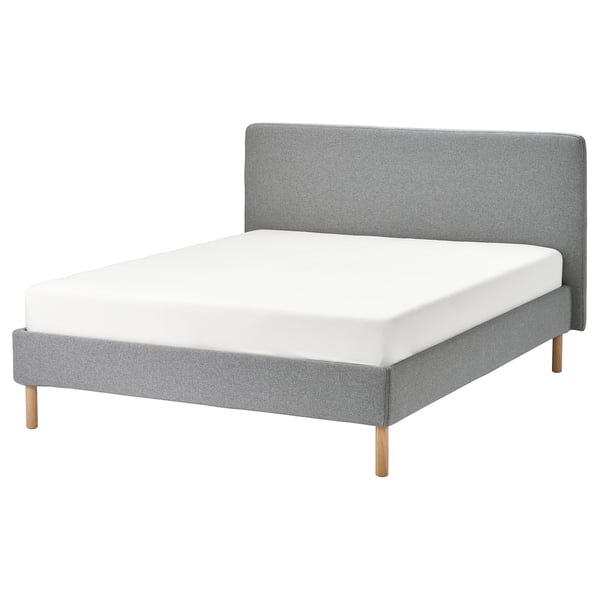 TÄRNKULLEN upholstered bed frame, Tibbleby beige/grey/Lindbåden, 160x200 cm