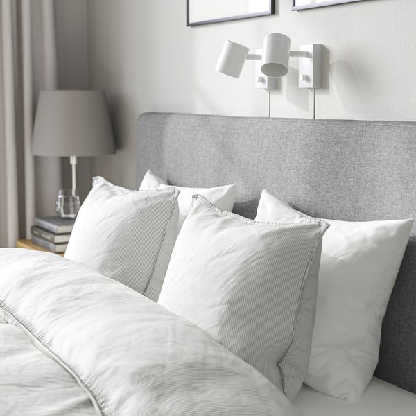 TÄRNKULLEN upholstered bed frame, Tibbleby beige/grey/Lindbåden, 160x200 cm