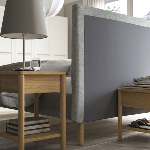 TÄRNKULLEN upholstered bed frame, Tibbleby beige/grey/Lindbåden, 160x200 cm
