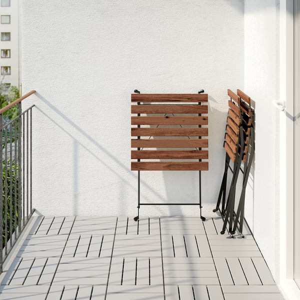 TÄRNÖ table+2 chairs, outdoor, black/light brown stained foldable/foldable Kuddarna light grey-beige, 55x54 cm
