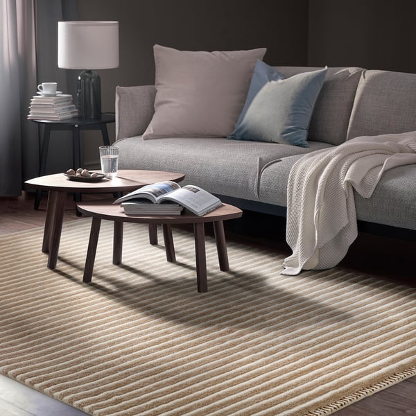 TÅGSPÅR rug, high pile, white/beige, 170x240 cm