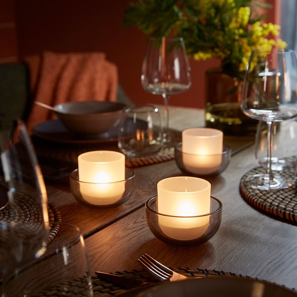 TALLTITA tealight holder, set of 2, grey/frosted glass