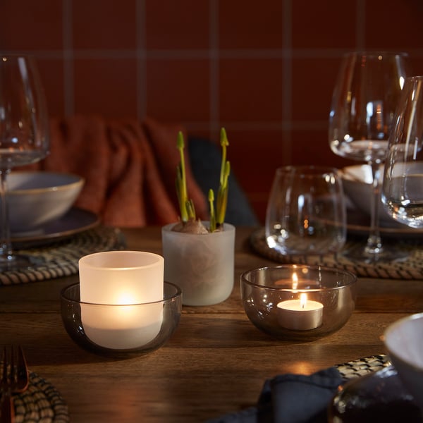 TALLTITA tealight holder, set of 2, grey/frosted glass