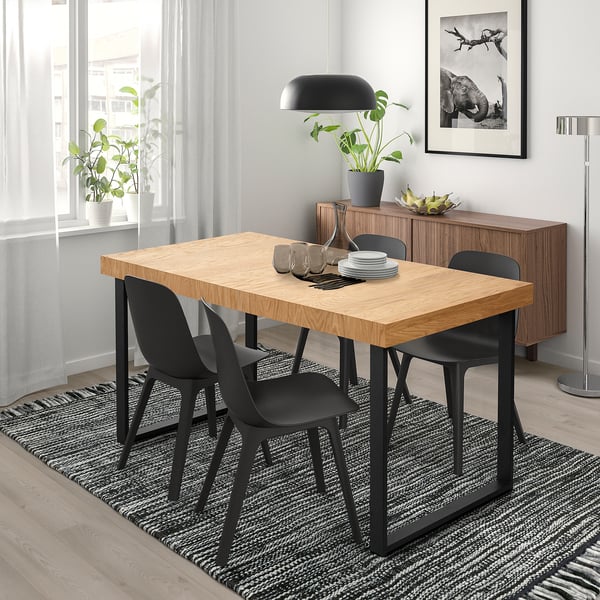 TARSELE extendable table, oak veneer/black, 150/200x80 cm