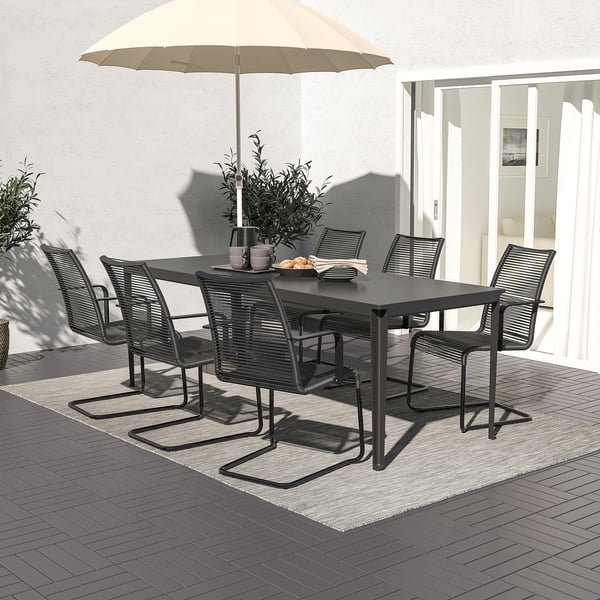 TEGELÖN / VÄSMAN table+6 chairs w armrests, outdoor, dark grey/black/black