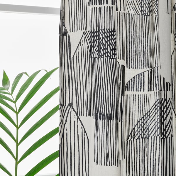 TEMPELFLY curtains, 1 pair, white/black/with heading tape, 145x300 cm