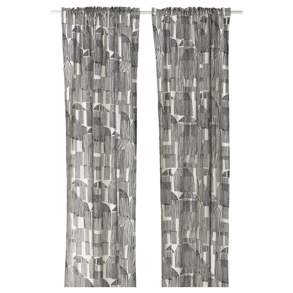 TEMPELFLY curtains, 1 pair, white/black/with heading tape, 145x300 cm