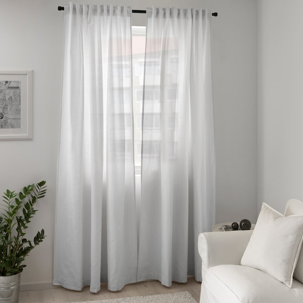 TIBAST curtains, 1 pair, white/with heading tape, 145x300 cm