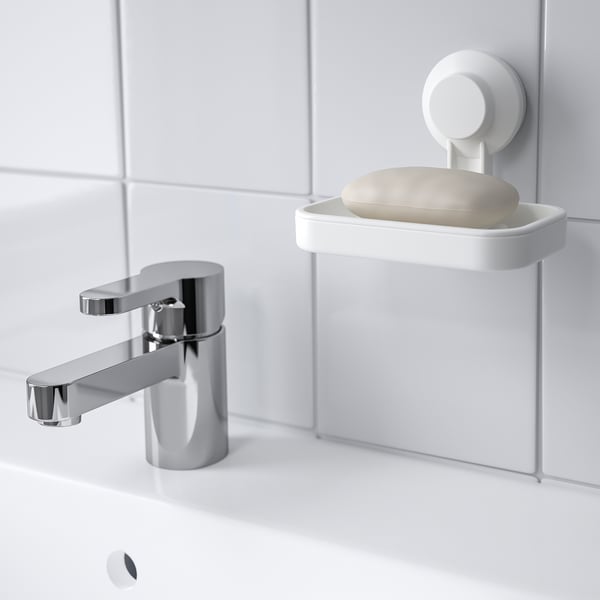 TISKEN soap dish with suction cup, white, 14x10 cm