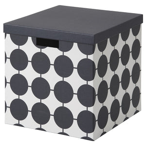 TJENA storage box with lid, white black/dotted, 32x35x32 cm