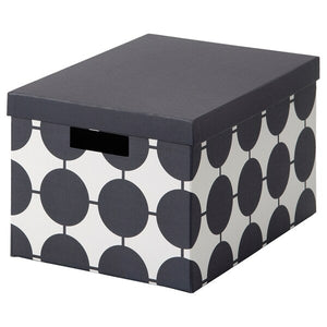 TJENA storage box with lid, white black/dotted, 25x35x20 cm