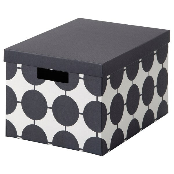 TJENA storage box with lid, white black/dotted, 25x35x20 cm