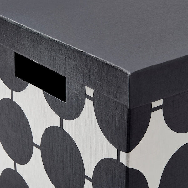 TJENA storage box with lid, white black/dotted, 25x35x20 cm