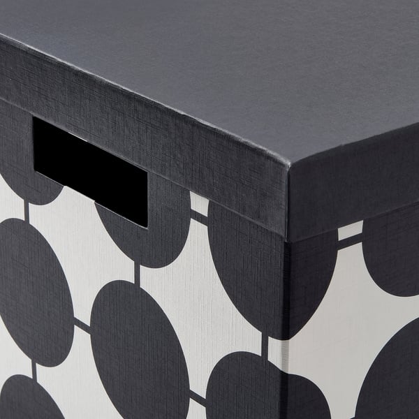 TJENA storage box with lid, white black/dotted, 25x35x20 cm