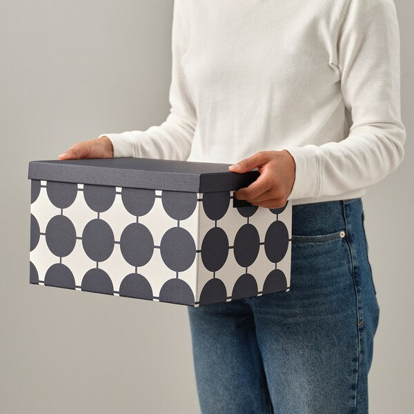 TJENA storage box with lid, white black/dotted, 25x35x20 cm