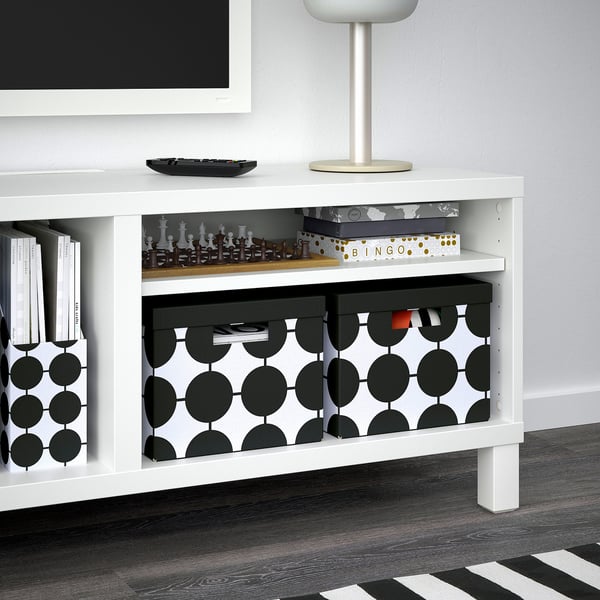 TJENA storage box with lid, white black/dotted, 25x35x20 cm