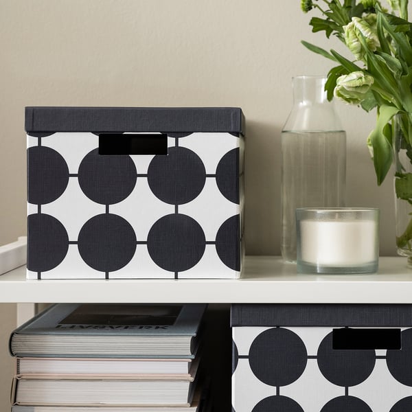 TJENA storage box with lid, white black/dotted, 25x35x20 cm