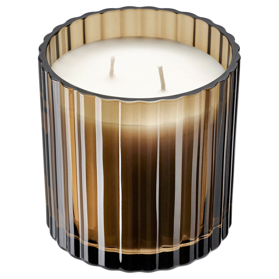 TOFSTÄRNA scented candle in glass, 2 wicks, Fig leaf brown, 10 cm