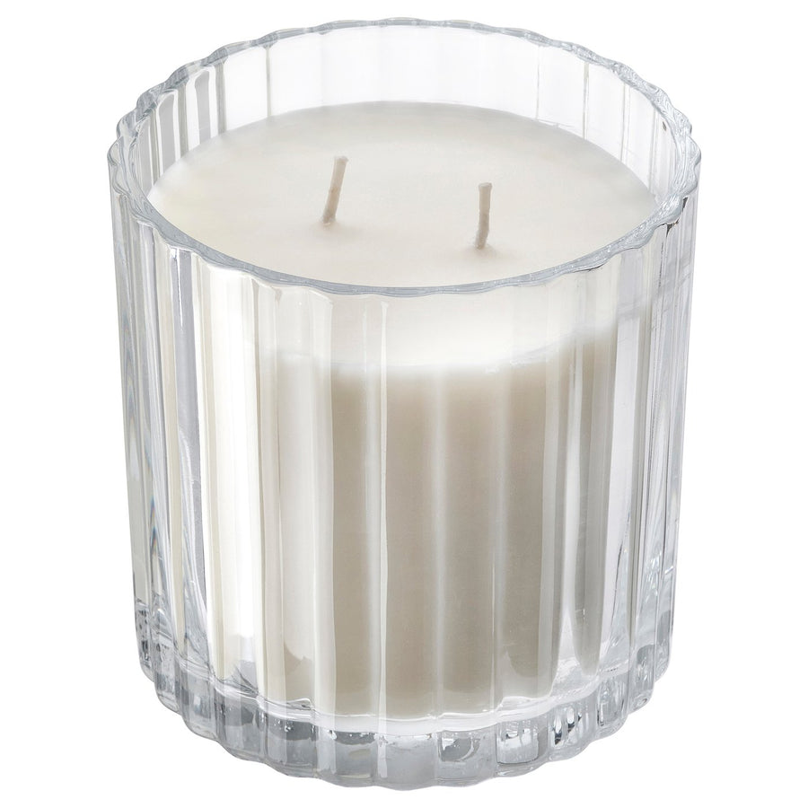TOFSTÄRNA scented candle in glass, 2 wicks, Fresh linen clear glass, 50 hr