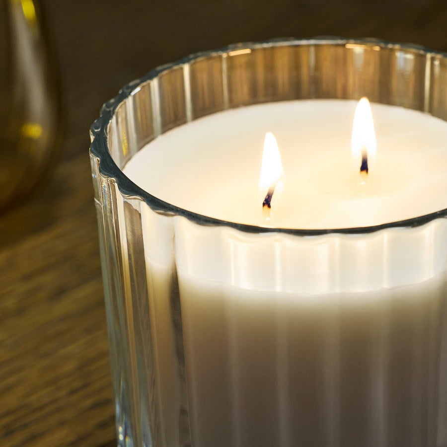 TOFSTÄRNA scented candle in glass, 2 wicks, Fresh linen clear glass, 50 hr