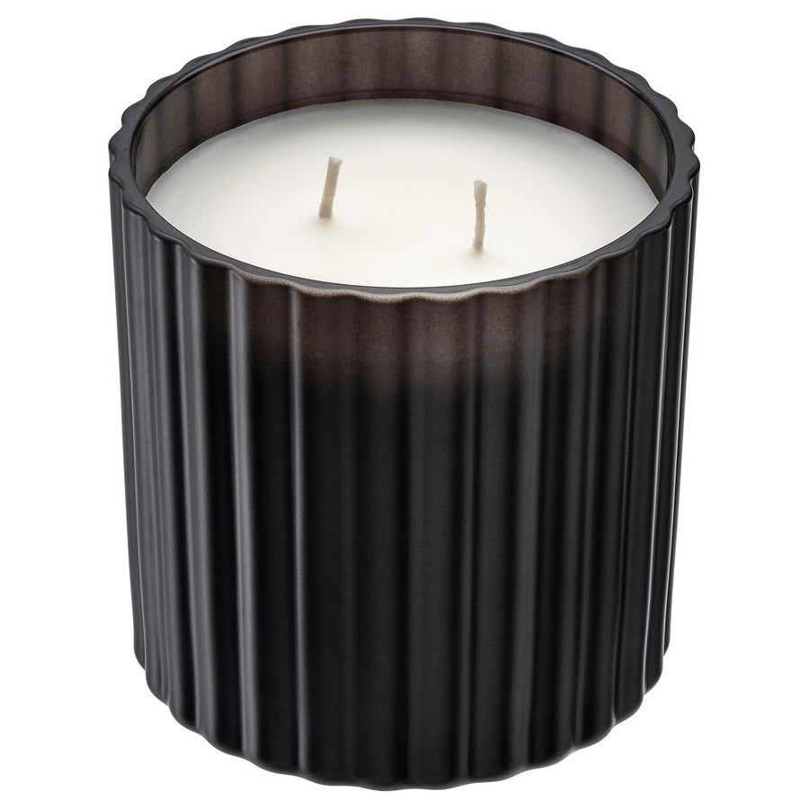 TOFSTÄRNA scented candle in glass, 2 wicks, Sandalwood & patchouli black, 50 hr