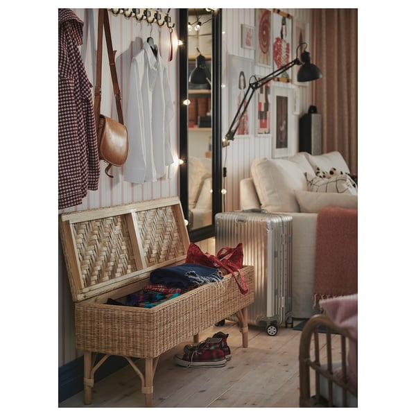TOLKNING bench with storage, handmade rattan, 120 cm
