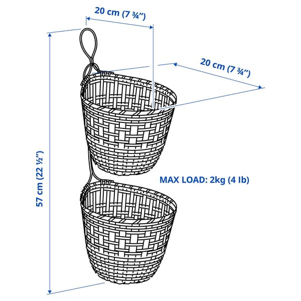TOLKNING basket hanging, set of 2, handmade bamboo, 20x57x20 cm