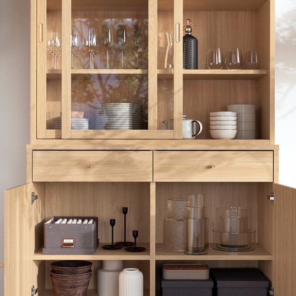 TONSTAD storage comb w sliding glass doors, oak veneer/clear glass, 121x47x201 cm