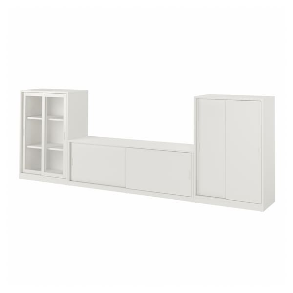 Ikea TONSTAD - TV/storage comb with sliding doors, off-white/clear glass, 339x37x116 cm