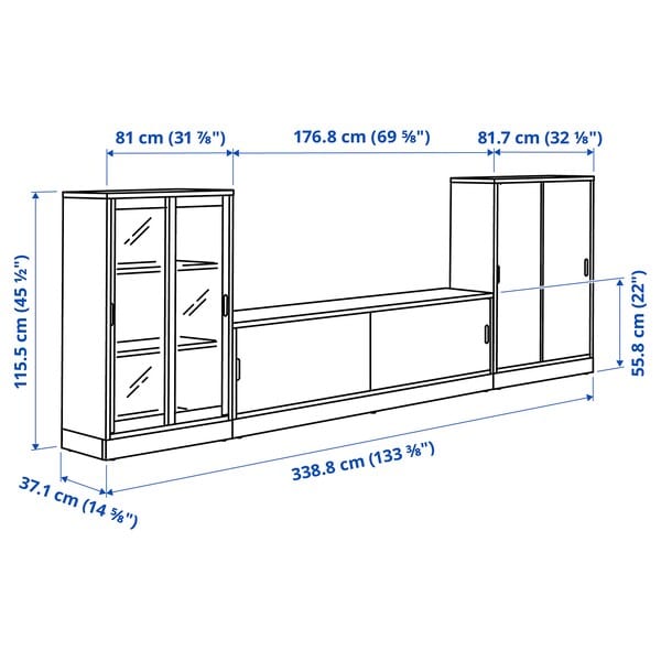 Ikea TONSTAD - TV/storage comb with sliding doors, off-white/clear glass, 339x37x116 cm