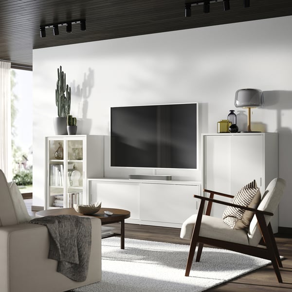 TONSTAD TV/storage comb with sliding doors, off-white/clear glass, 339x37x116 cm