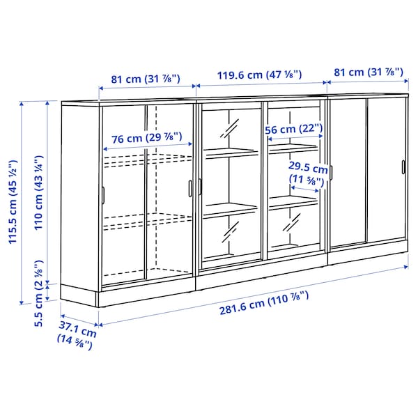 Ikea TONSTAD - Storage combination w sliding doors, off-white/clear glass, 282x37x116 cm