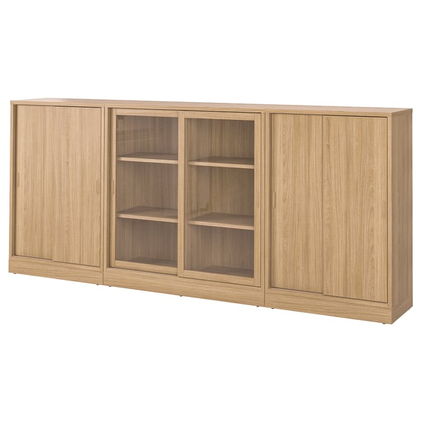 TONSTAD storage combination w sliding doors, oak veneer/clear glass, 284x37x120 cm