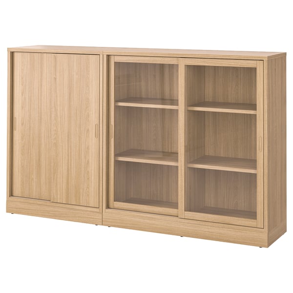 TONSTAD storage combination w sliding doors, oak veneer/clear glass, 202x37x120 cm