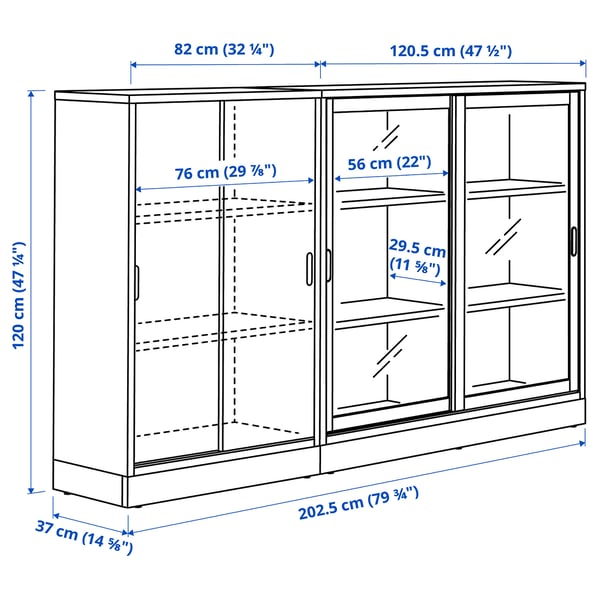 TONSTAD storage combination w sliding doors, oak veneer/clear glass, 202x37x120 cm