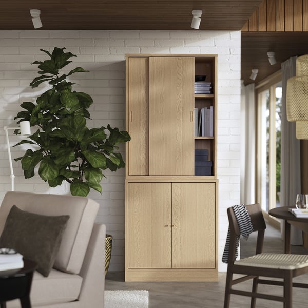 TONSTAD storage combination w sliding doors, oak veneer, 82x47x201 cm