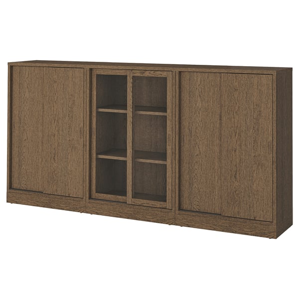 TONSTAD storage combination w sliding doors, brown stained oak veneer/clear glass, 245x37x120 cm