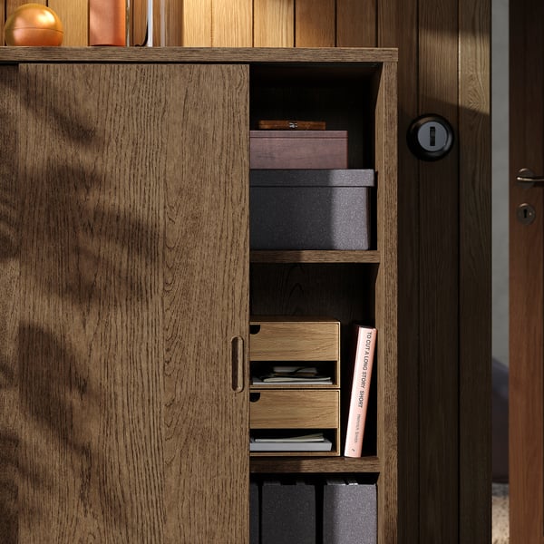 TONSTAD storage combination w sliding doors, brown stained oak veneer/clear glass, 245x37x120 cm