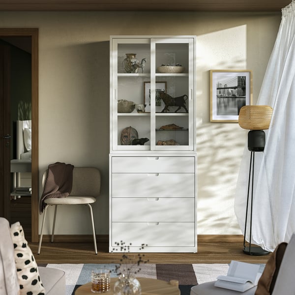 TONSTAD storage combination with drawers, off-white/glass, 82x47x206 cm