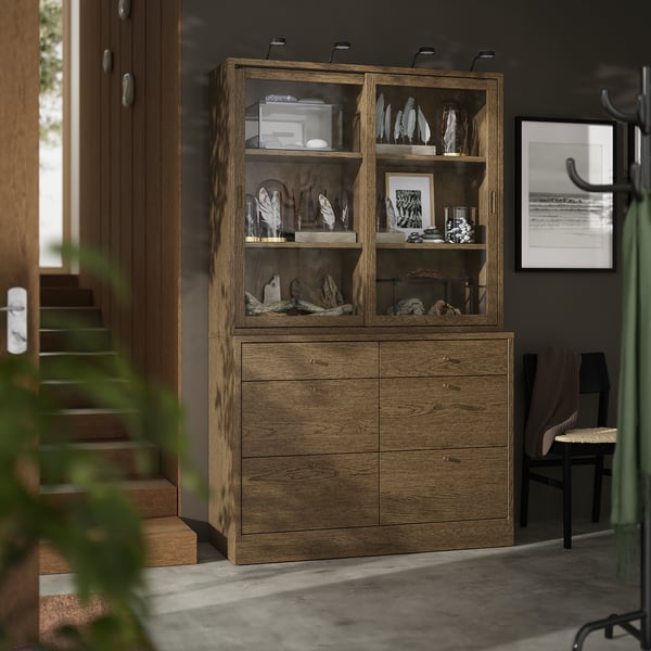 TONSTAD storage combination with drawers, brown stained oak veneer/glass, 121x47x210 cm