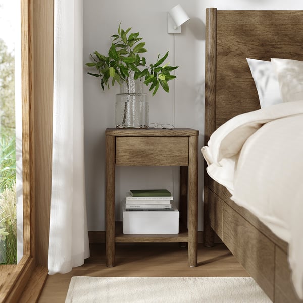 TONSTAD bedroom furniture, set of 3, incl bed storage/brown stained oak veneer, 140x200 cm