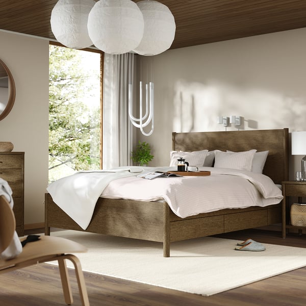 TONSTAD bedroom furniture, set of 3, incl bed storage/brown stained oak veneer, 140x200 cm