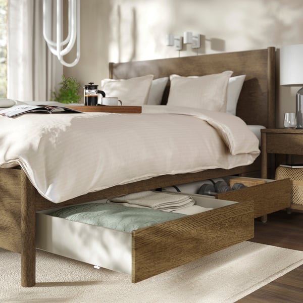 TONSTAD bedroom furniture, set of 3, incl bed storage/brown stained oak veneer, 140x200 cm