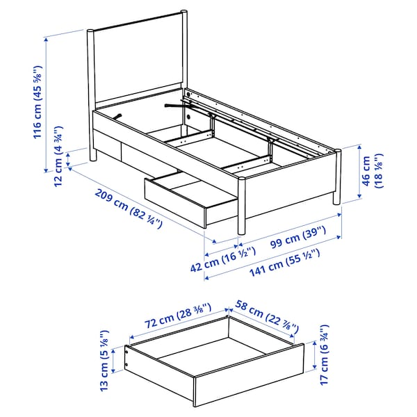 Ikea TONSTAD - Bed frame with storage, off-white/Lindbåden,90x200 cm