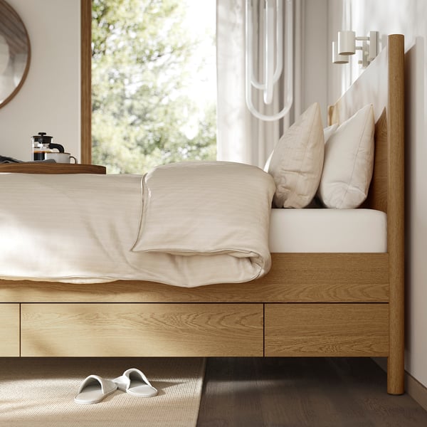 TONSTAD bed frame with storage, oak veneer/Lönset, 160x200 cm