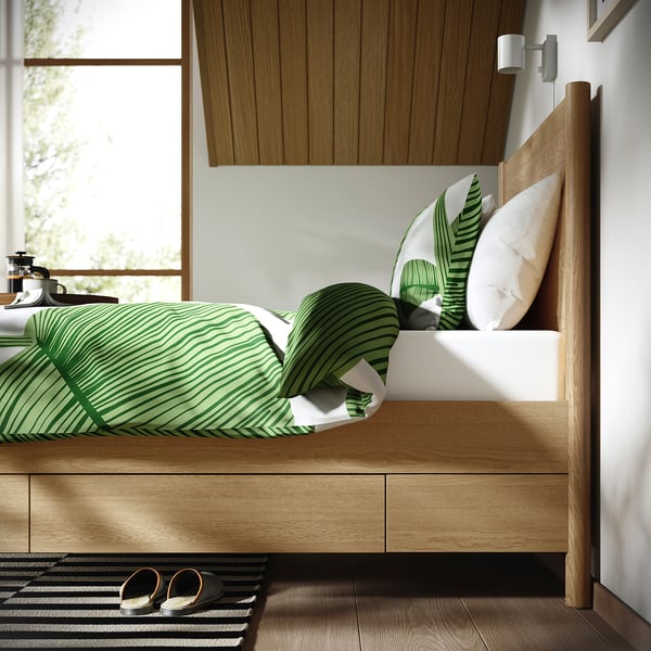TONSTAD bed frame with storage, oak veneer/Lönset, 90x200 cm