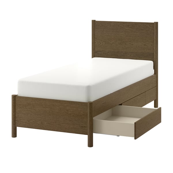 TONSTAD bed frame with storage, brown stained oak veneer/Lönset, 90x200 cm