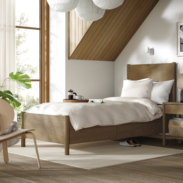 TONSTAD bed frame with storage, brown stained oak veneer/Lönset, 90x200 cm