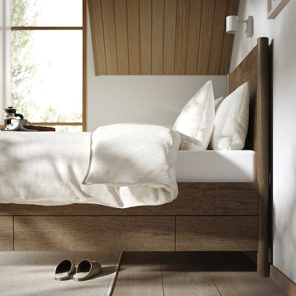 Ikea TONSTAD - Bed frame with drawers, brown oak veneer/mordant/Lönset,90x200 cm