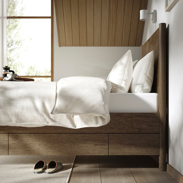 TONSTAD bed frame with storage, brown stained oak veneer/Luröy, 90x200 cm